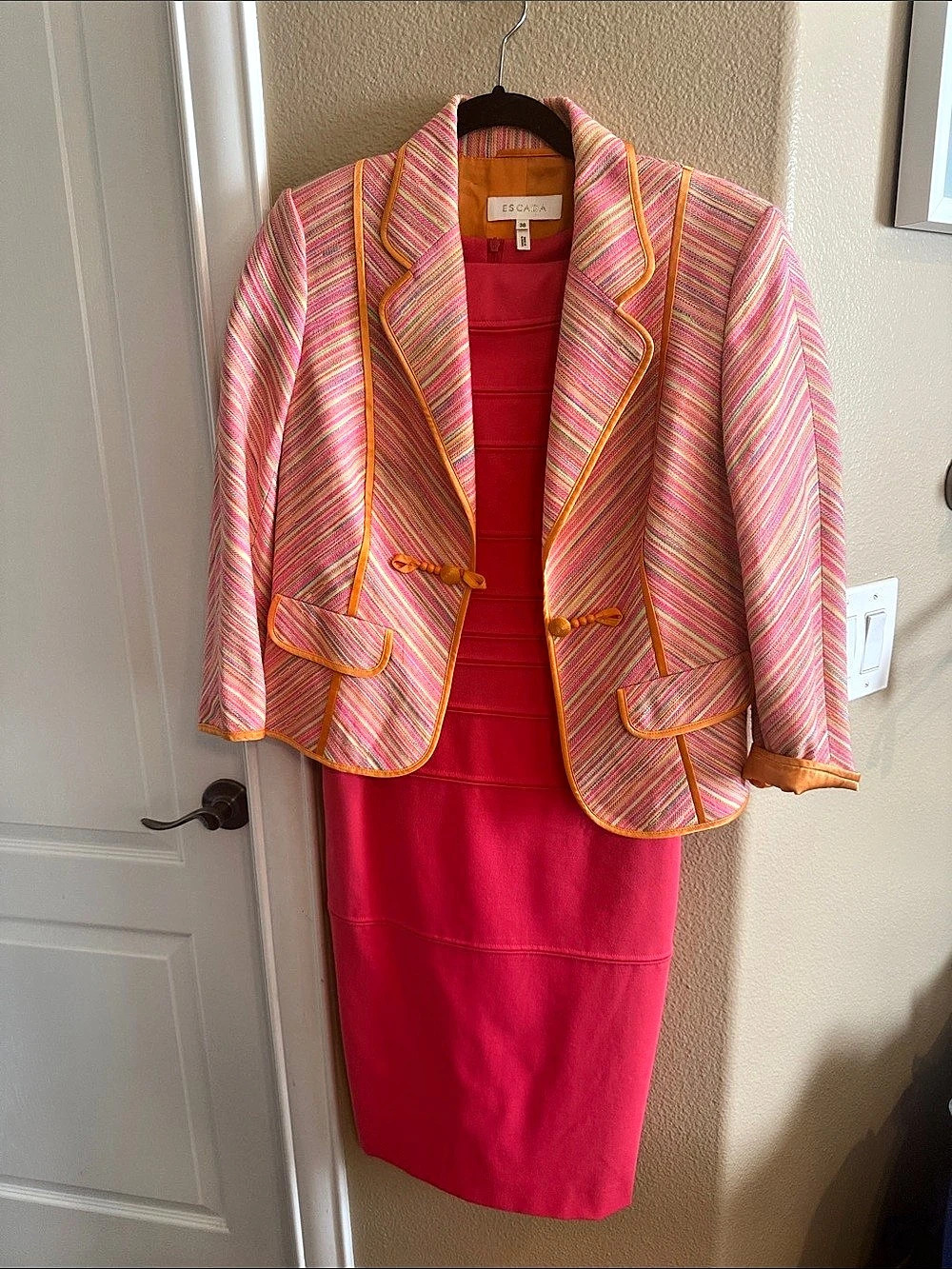 Escada Pink & Red Midi Dress Jacket Set Size 34 Like New